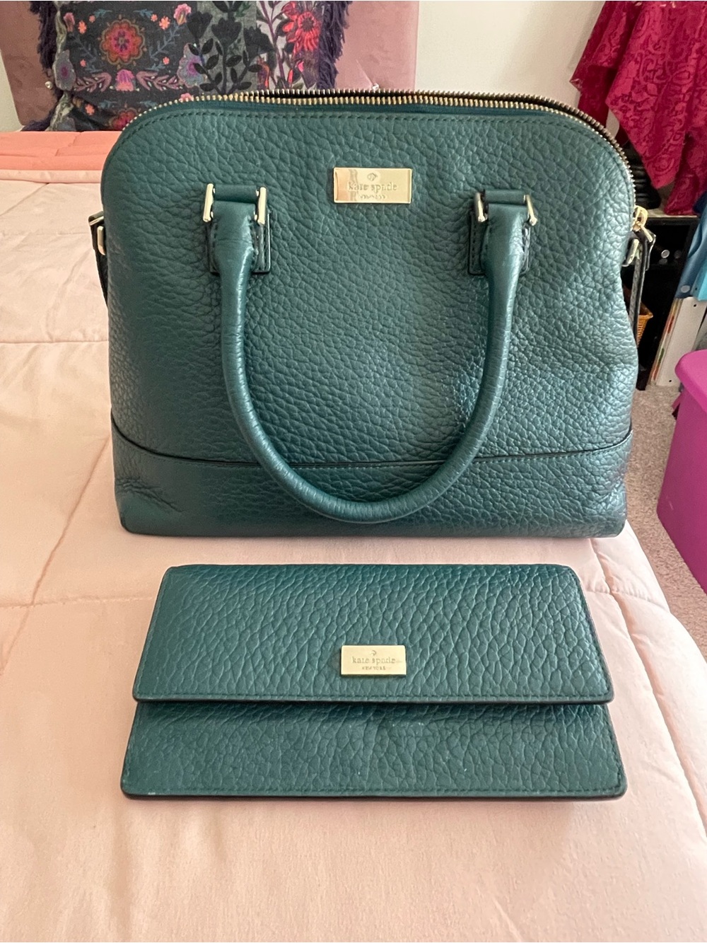 Kate Spade Pebbled Leather small Satchel & Wallet - Teal Green Prospect Jenny